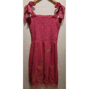 Persaman New York Women's Size 12 Pink Embroidered Bohemian Mini Dress Ruched